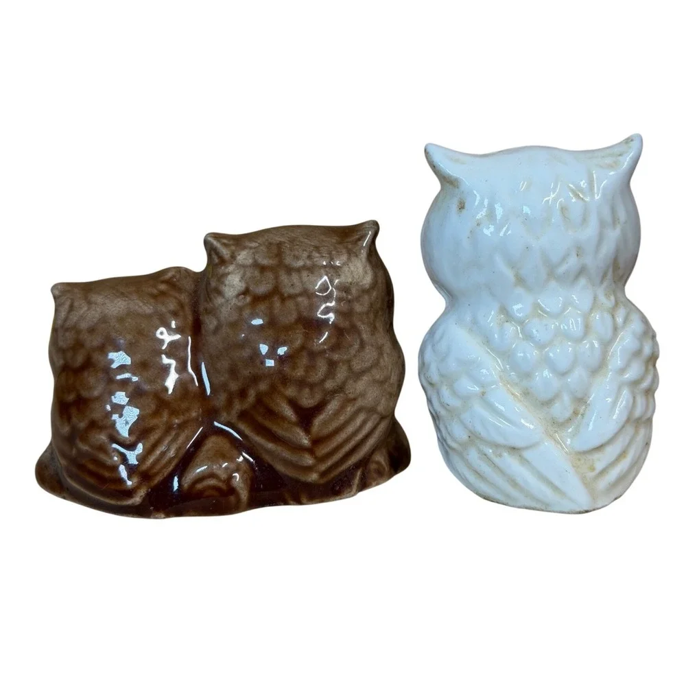 Vintage white Ceramic Owl Salt/Pepper Shaker, Brown White‎ Japan Retro figurie